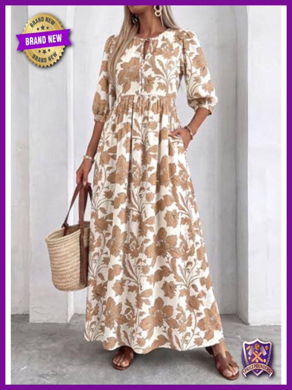 Women's Boho Floral Maxi Dress 3/4 Sleeve Drawstring Tie Neck Elastic Waist - Picture 3 of 6